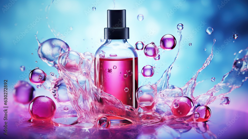 Cosmetic bottle on water texture background with splashes Cosmetic bottle on water texture background with splashes