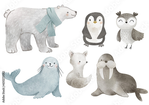 Cute little arctic animals collection. Watercolor hand drawn polar bear, penguin, owl, seal, fox, walrus. Isolated winter characters, illustrations for posters, cards, nursery, apparel, scrapbooking.
