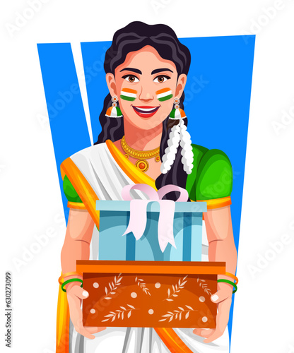 Indian woman in saree holding gift on the occasion of Independence Day, character for flyer, poster, banner creative greeting design.