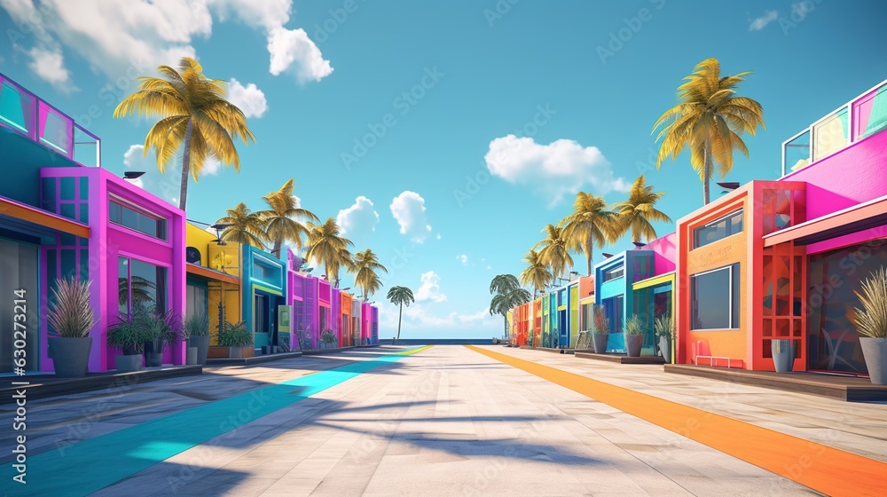 Fototapeta premium Generative AI, Miami beach huts, Summer Vibes retro illustration. Vintage pink and blue colors, buildings, California palms, 80s style
