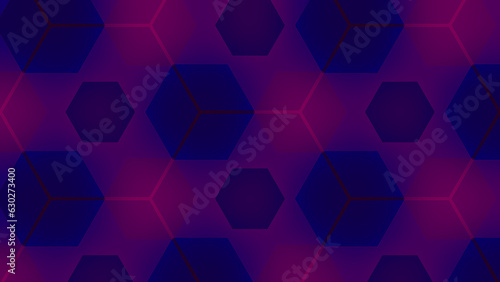 Bright fuchsia pink and blue cube and hexagon shape on purple gradient background. Neon glow dark geometric pattern for cover website poster. Abstract honeycomb grid. Translucent frosted glass texture © InspiredStocker