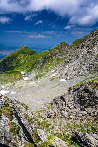 Summer landscape of the Fagaras Mountains, Romania. A view from the hiking trail near the Balea Lake and the Transfagarasan Road.