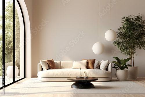 Minimalist home interior design of modern living room. White sofa and potted houseplants against arched window near beige wall with copy space.