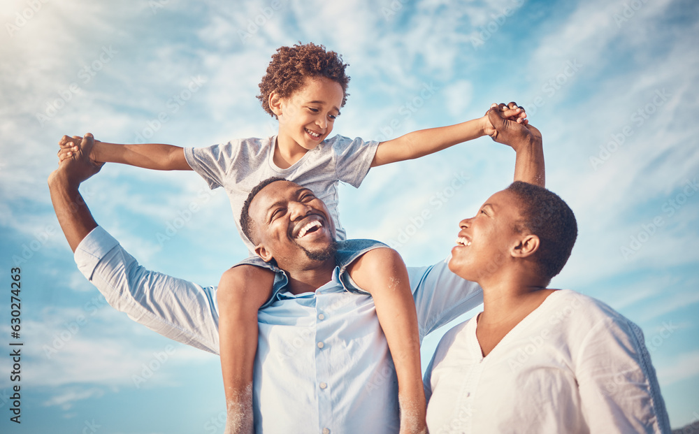 Happy, black family and parents playing with kid or child outdoors on vacation, holiday or trip and bonding together. Mother and father carrying son on shoulders with smile, excited and happiness Happy, black family and parents playing with kid or child outdoors on vacation, holiday or trip and bonding together. Mother and father carrying son on shoulders with smile, excited and happiness