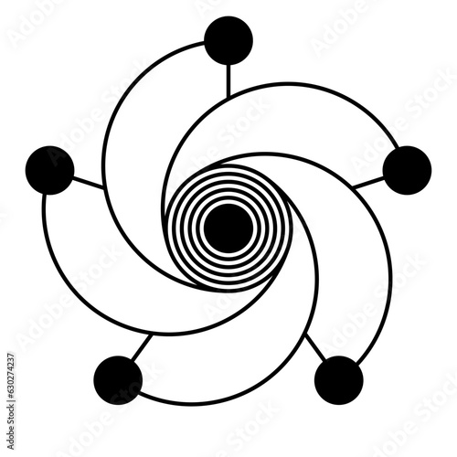 Pentagram and spiral with circles. Five-pointed star, made of five circles, connected to a sixth circle in the center. Modeled on a crop circle pattern, found near Bratton, in Wiltshire. Vector.