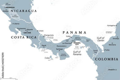 Costa Rica and Panama, gray political map, with the Isthmus of Panama and the Darien Gap. Narrow strip of land and region between the Caribbean Sea and Pacific Ocean, linking North and South America.