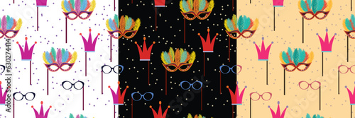 Festive backgrounds with masks, crowns, glasses and dots. Brazilian carnival.