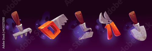 Farm ui gardening game interface icon cartoon vector illustration. Shovel, rake, hoe and secateurs with glow and magic smoke isolated equipment element collection. Metal farmer outdoor instrument