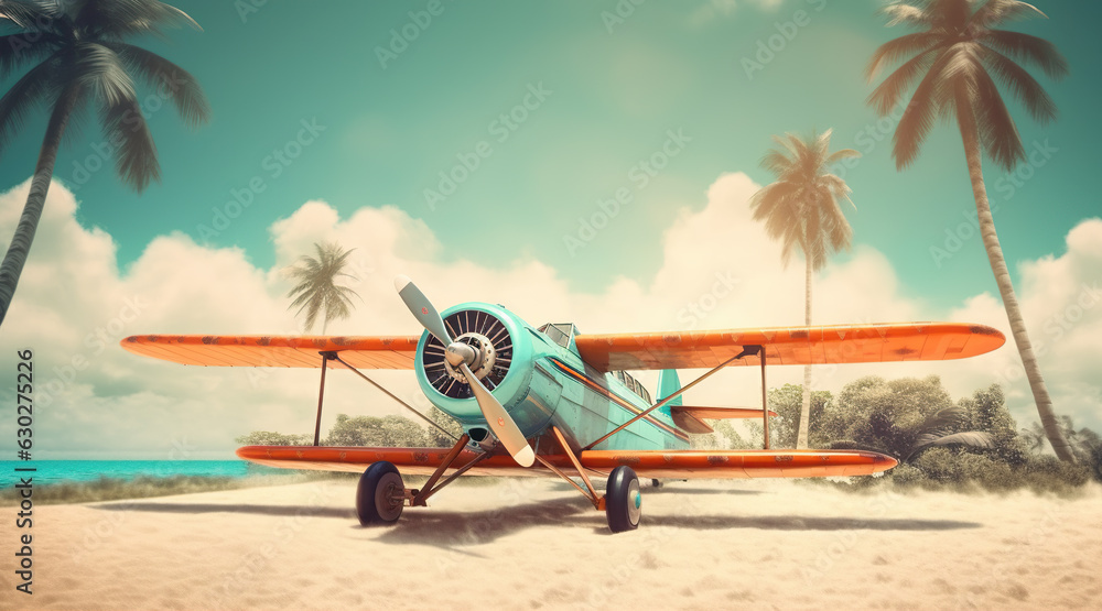 Fototapeta premium plane is flying over palm trees on a tropical island. The concept of vacation, rest.