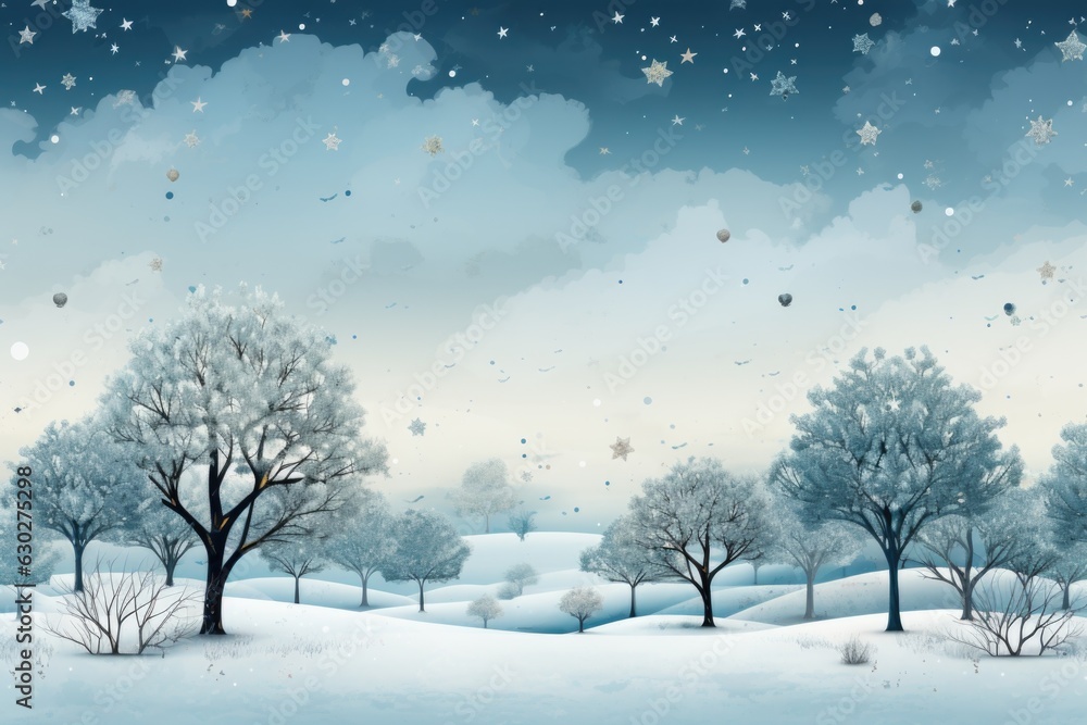 A snowy landscape with trees and snow. Copy-space, place for text. Winter holiday greeting card. A snowy landscape with trees and snow. Copy-space, place for text. Winter holiday greeting card.