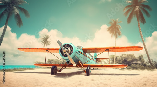 plane is flying over palm trees on a tropical island. The concept of vacation, rest.