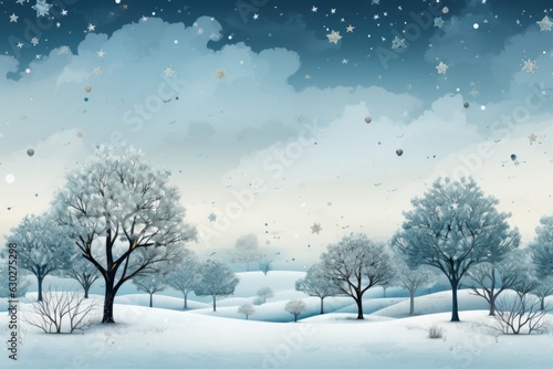 A snowy landscape with trees and snow. Copy-space, place for text. Winter holiday greeting card. © Friedbert