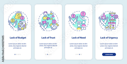 Types of objections onboarding mobile app screen. Sales technique walkthrough 4 steps editable graphic instructions with linear concepts. UI, UX, GUI template. Myriad Pro-Bold, Regular fonts used