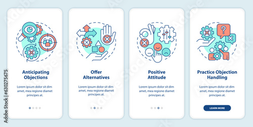 Objection handling practices onboarding mobile app screen. Sales skill walkthrough 4 steps editable graphic instructions with linear concepts. UI, UX, GUI template. Myriad Pro-Bold, Regular fonts used