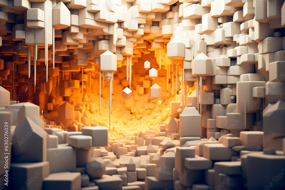 Obraz premium Abstract three dimensional white cube scene illuminated in orange light