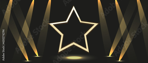 Design of Premium Award background with 3d golden Star and Spotlights. Shine overlay banner, card, poster, print. Luxury Holiday backdrop with gold star. Vector illustration.