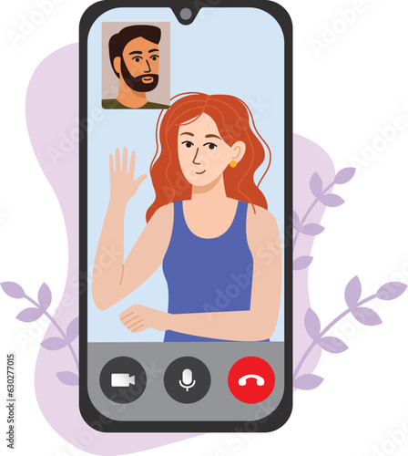 Vector illustration of boyfriend video calling girlfriend with smartphone. Communication family concept of phone video call with person on screen. 