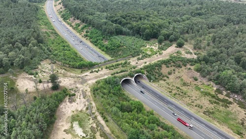 Top down aerial view on Ecoduct WIld life corssing, Hoog Buurlo, The Netherlands. photo