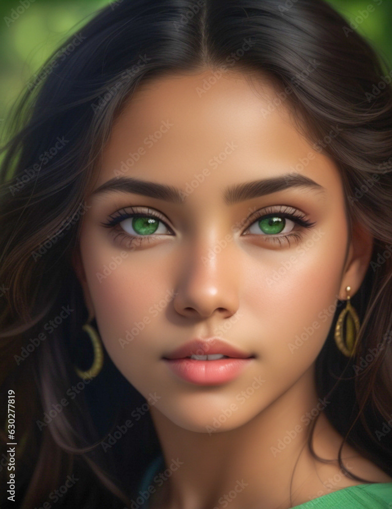Fototapeta premium Mujer latina con pelo oscuro ojos verde y piel morena en fotografia de retrato 
