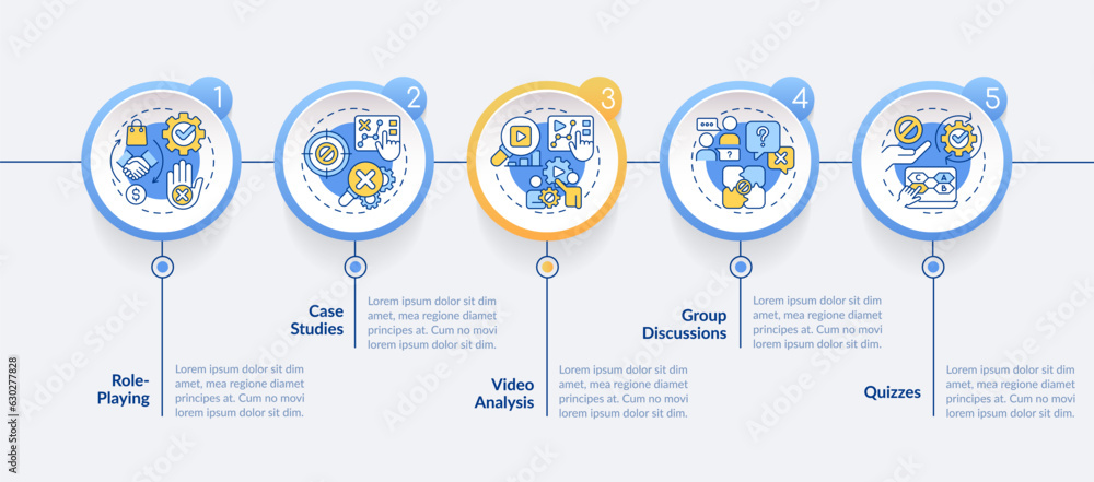 Objection handling training circle infographic template. Sales effectiveness. Data visualization with 5 steps. Editable timeline info chart. Workflow layout with icons. Lato-Bold, Regular fonts used Objection handling training circle infographic template. Sales effectiveness. Data visualization with 5 steps. Editable timeline info chart. Workflow layout with icons. Lato-Bold, Regular fonts used