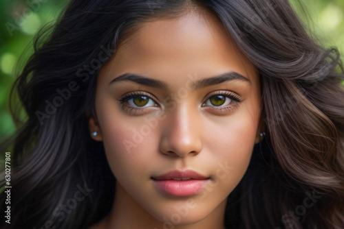 Mujer latina con pelo oscuro ojos verde y piel morena en fotografia de retrato © Joaquim