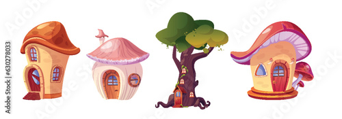 Fantasy fairytale game house building cartoon vector set. Fairy tale mushroom home with door and roof isolated icon collection. Cute village cottage exterior with treehouse tower. Gnome magic hut