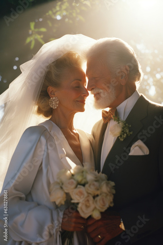 portrait of a an elderly couple bride/groom in wedding dress/suit with flowers vow renewal/engagement fashion/beauty editorial magazine style film photography look - generative ai art