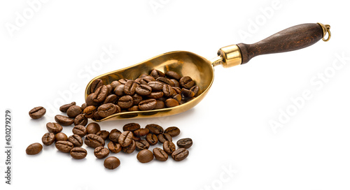 Scoop of coffee beans. Coffee beans in scoop isolated.
