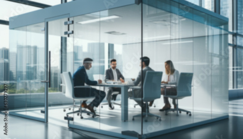 Diverse millennial business team talking in meeting room, negotiating on project at table at glass wall panoramic window, discussing deal in open space, modern office interior. blurred background 