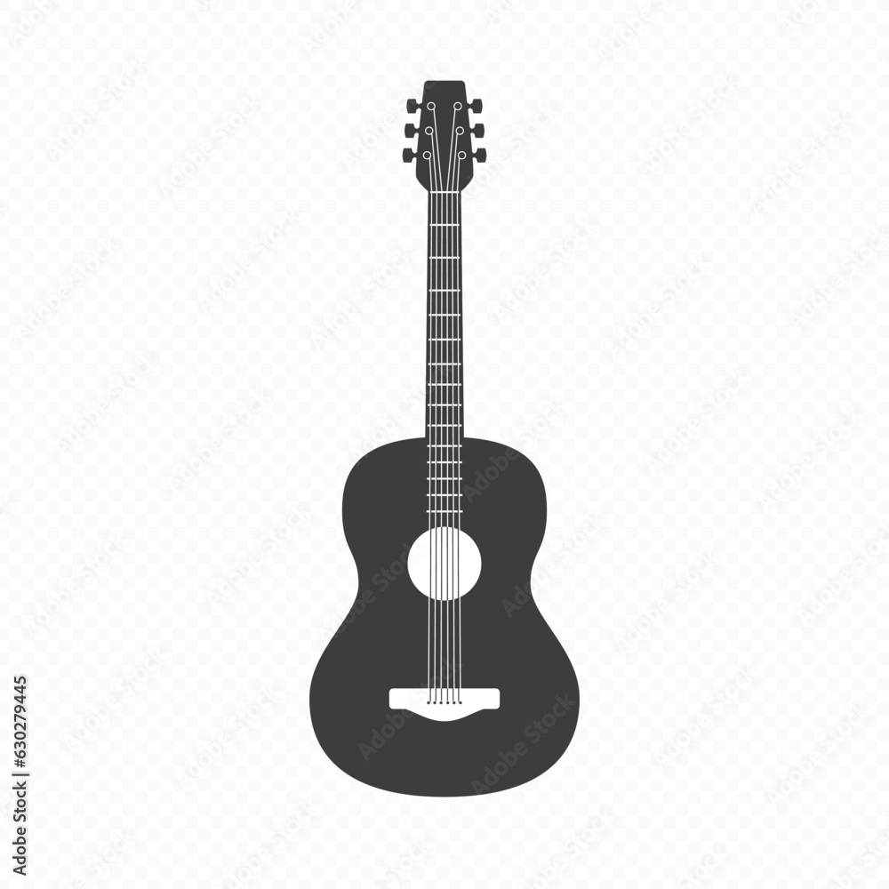 Acoustic guitar in simple flat style. Classical six-string Guitar icon. String plucked musical instrument. Vintage music equipment. Vector illustration EPS 10.