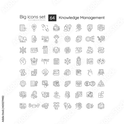 2D editable black thin line big icons set representing knowledge management, isolated vector, linear illustration.