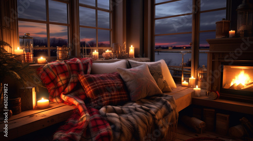 Winter Interior With Plaid on Couch Candles
