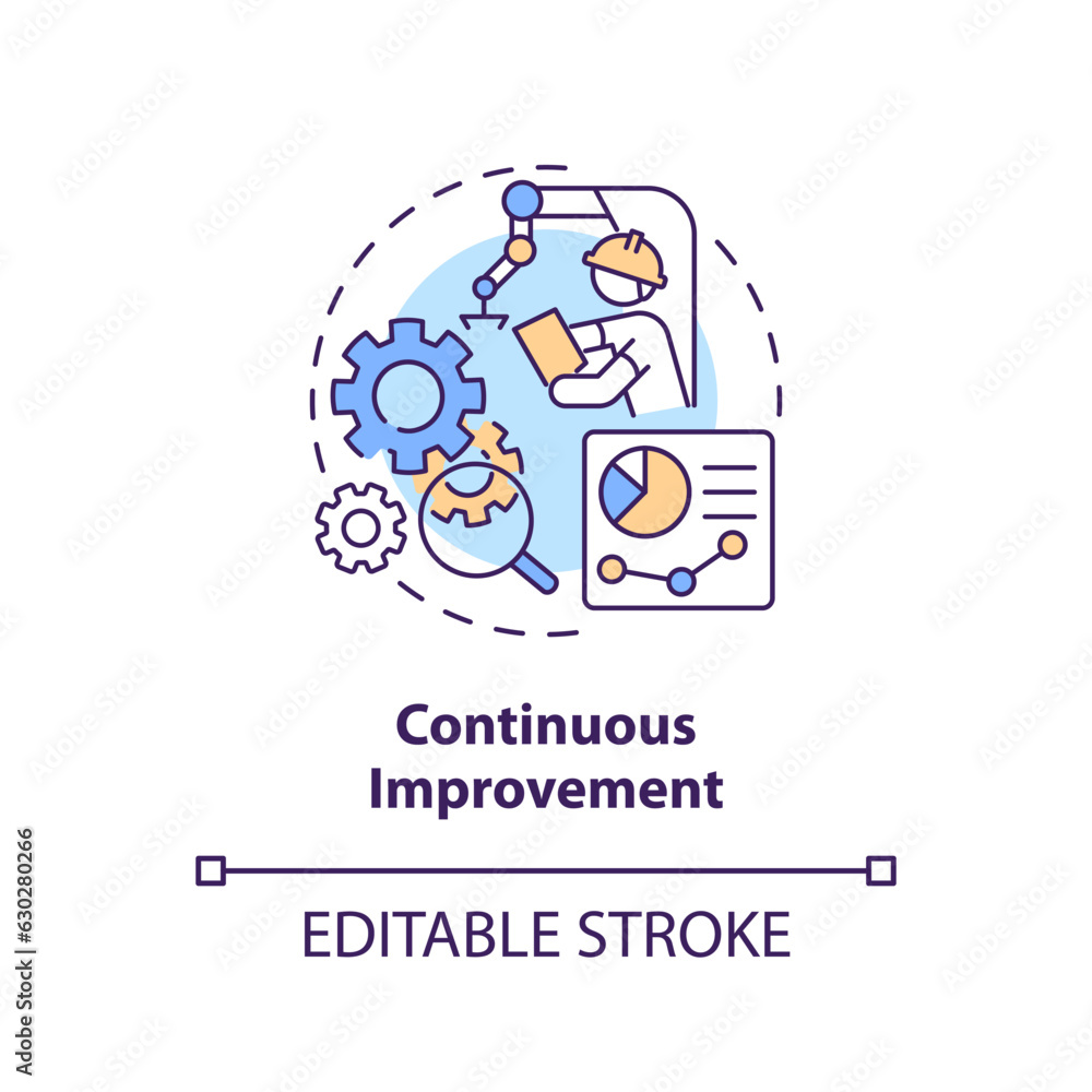 2D editable continuous improvement thin line icon concept, isolated vector, multicolor illustration representing overproduction. 2D editable continuous improvement thin line icon concept, isolated vector, multicolor illustration representing overproduction.