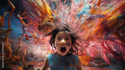 girl colorful vivid background. An illustration of auditory hallucinations. Mental health concept