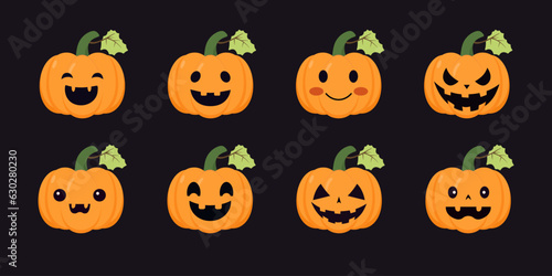 Set of cute, lovely cartoon pumpkin lantern with Anthropomorphic face for Halloween celebration.