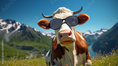 Happy Cow Wearing Sunglasses in Alps