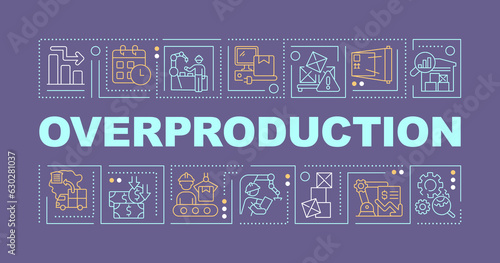 2D overproduction text with various icons on dark monochromatic background, vector illustration.