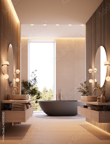 High detail bathroom with LED lights. Sleek and elegant marble bathroom with freestanding bathtub