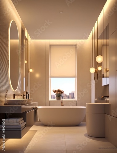 High detail bathroom with LED lights. Sleek and elegant marble bathroom with freestanding bathtub