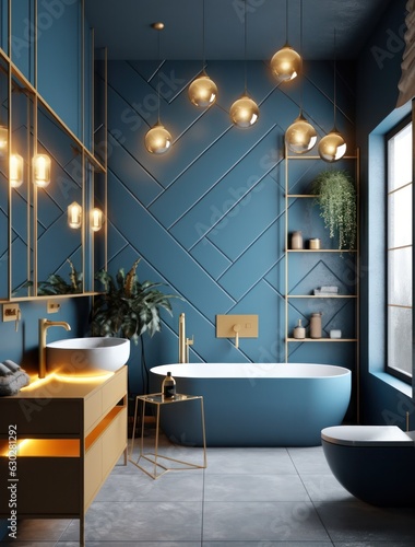 High detail bathroom with LED lights. Sleek and elegant marble bathroom with freestanding bathtub