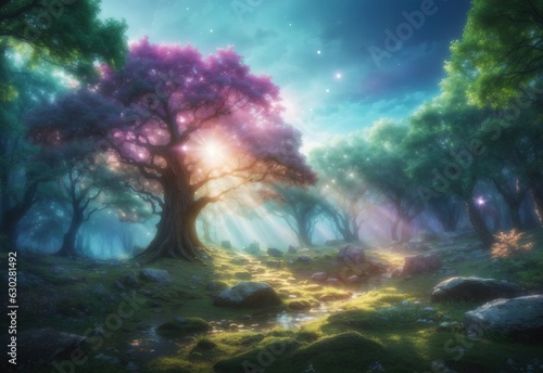 Magical fantasy forest landscape with magical light around