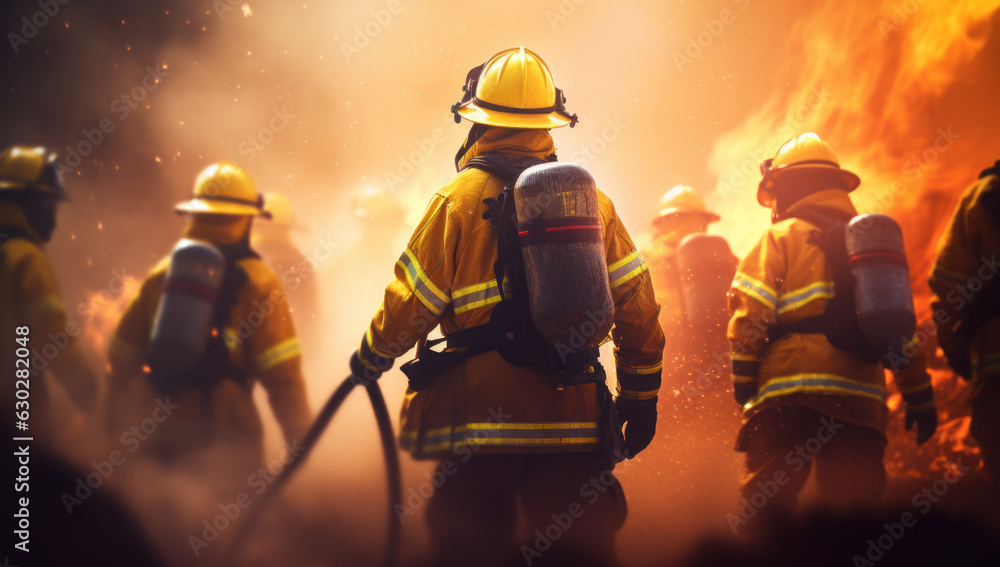 Firefighters Working Outdoors. Brave Heroes Battling Flames. Teamwork and Skill in Extinguishing Danger. Rescue in Burning Conditions, Ensuring Safety and Service. Firefighters Working Outdoors. Brave Heroes Battling Flames. Teamwork and Skill in Extinguishing Danger. Rescue in Burning Conditions, Ensuring Safety and Service.
