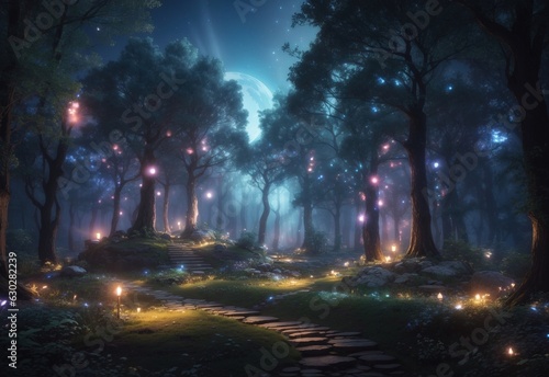 Gloomy fantasy forest scene at night with glowing lights