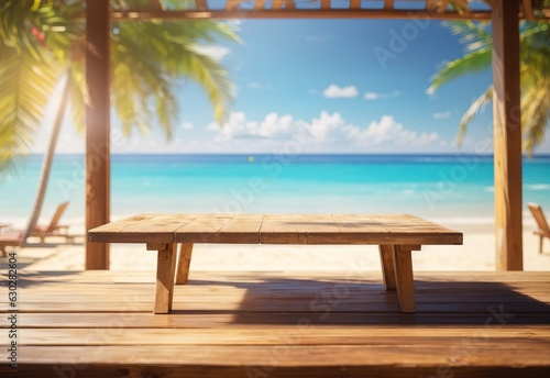Empty wooden table on sunny blurred summer tropical sunny beach drink bar