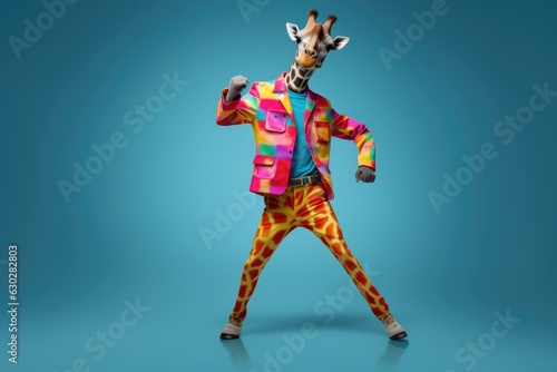  Giraffe wearing colorful clothes dancing on the blue background © kramynina