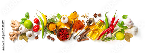 Herbs and spices on white background