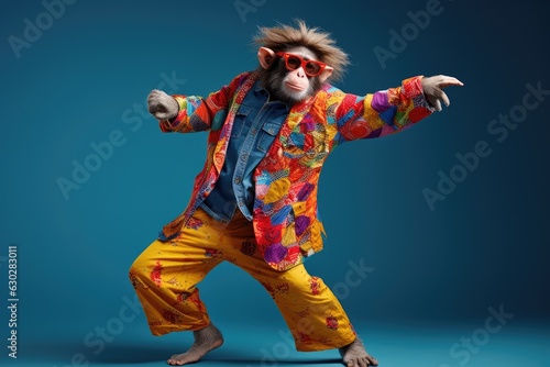  Monkey wearing colorful clothes dancing on the blue background
