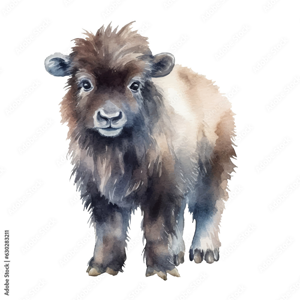 muskox in watercolor style illustration, generative AI