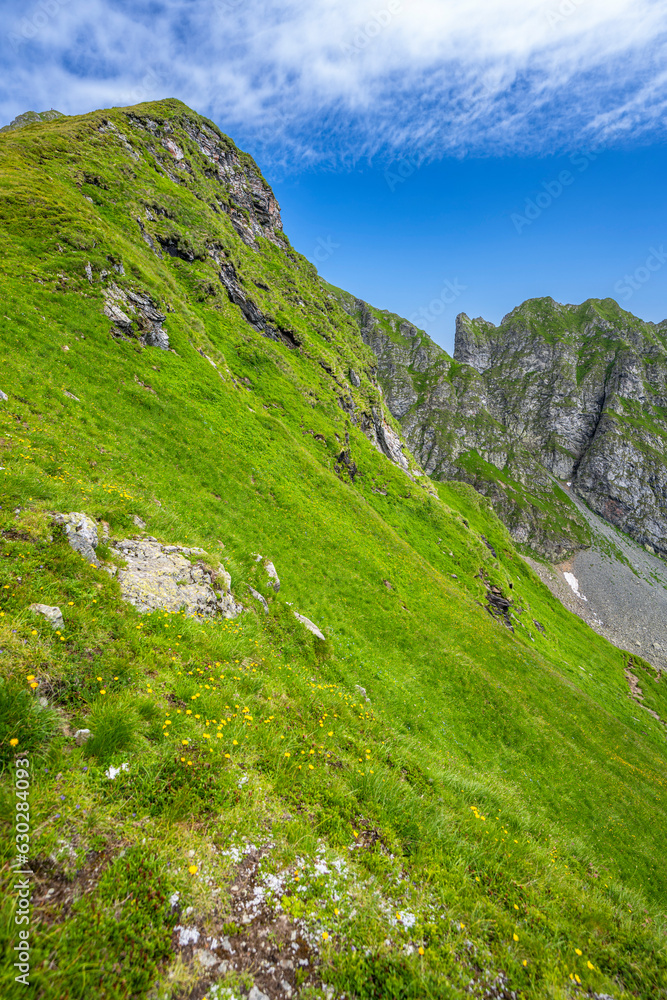 Obraz premium Summer landscape of the Fagaras Mountains, Romania. A view from the hiking trail near the Balea Lake and the Transfagarasan Road.