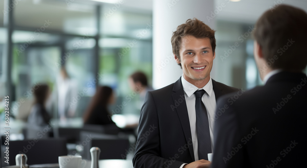 Young businessman having a friendly conversation with a colleague in the company - business theme, exchange, communication and young professionals - Generative AI Young businessman having a friendly conversation with a colleague in the company - business theme, exchange, communication and young professionals - Generative AI